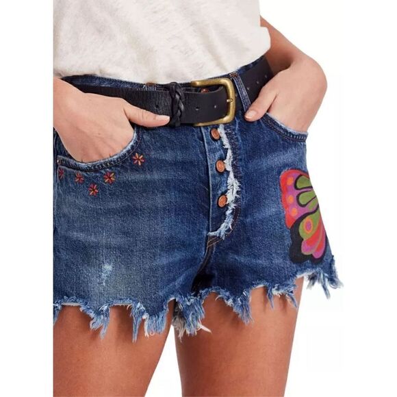 Free People Fields of Sun Boulder Beach Butterfly Frayed Denim Short 27 - Picture 2 of 16